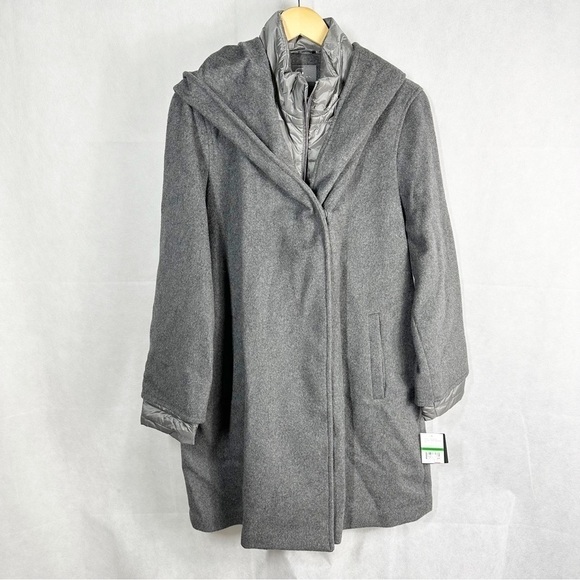 Gallery Hooded Wool Blend Coat Quilted Bib Grey Melange Size Large - Picture 2 of 14